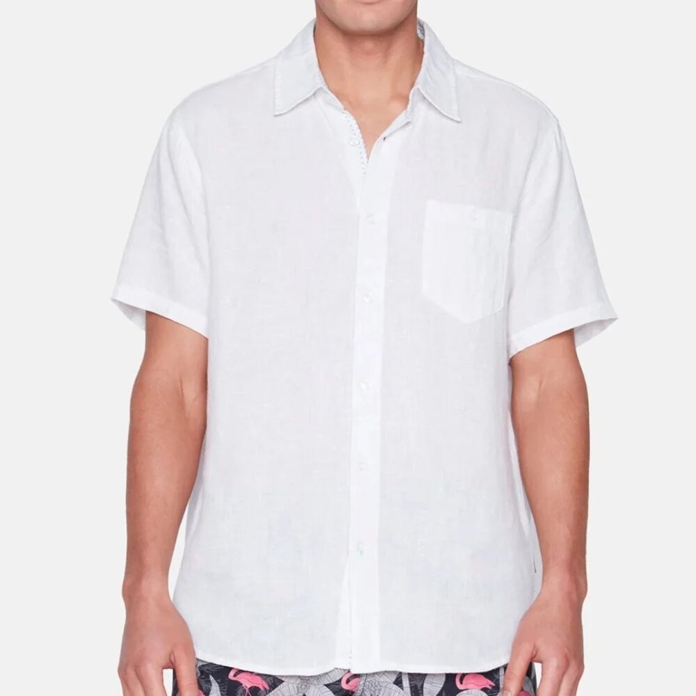 Public Beach White Linen Blend Short Sleeve Shirt with Contrasting Inner Placket